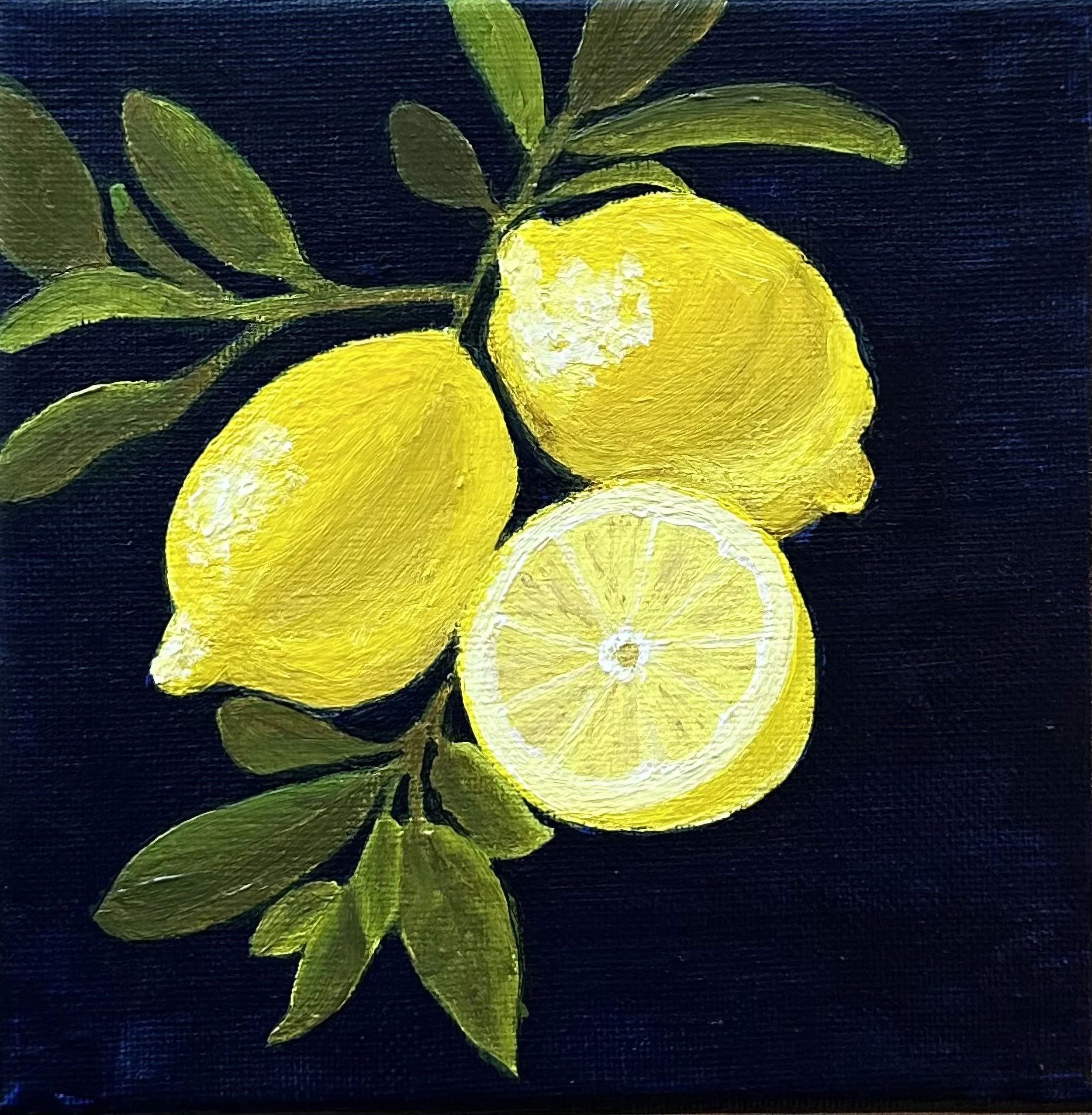 Wholes & a Half – Original Lemon Still Life Acrylic Painting 6 × 6 inches