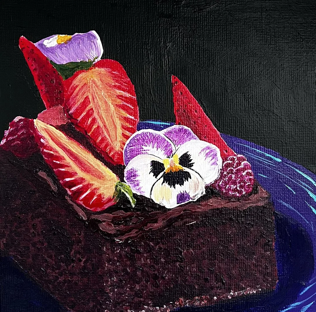Petals & Pastry: Original Brownie Acrylic Painting 6 × 6 inches