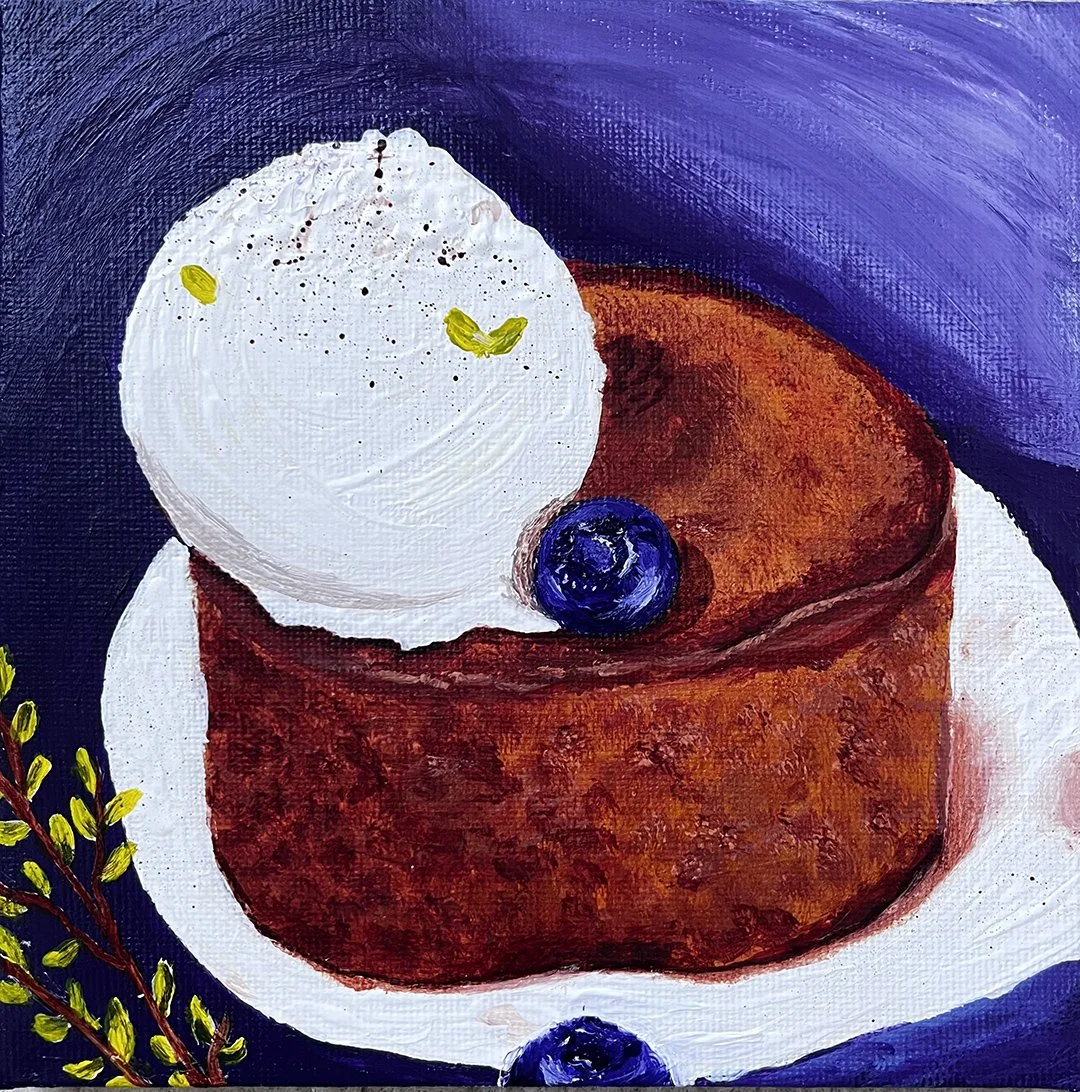 A 6x6 inches original canvas painting of a small, round golden cake. A single scoop of white vanilla bean ice cream sits on top next to a fresh blueberry, set against a solid deep blue background.