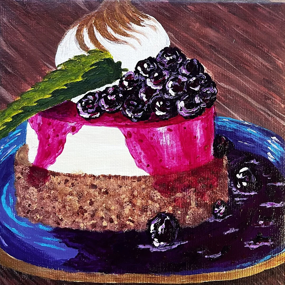 A 6x6 inches original canvas painting of a mini round cake. The sponge base supports a layer of white panna cotta, overflowing with glossy purple blueberry jam, a green mint leaf, and a swirled, toasted meringue peak on top.