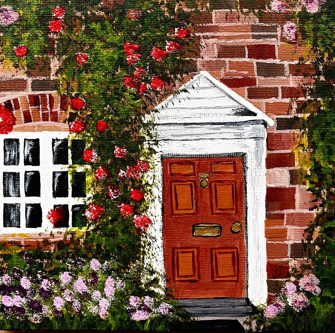 Original 6x6 textured acrylic artwork of a deep brown door and elegant window set in terracotta brick, framed by climbing red flowers.