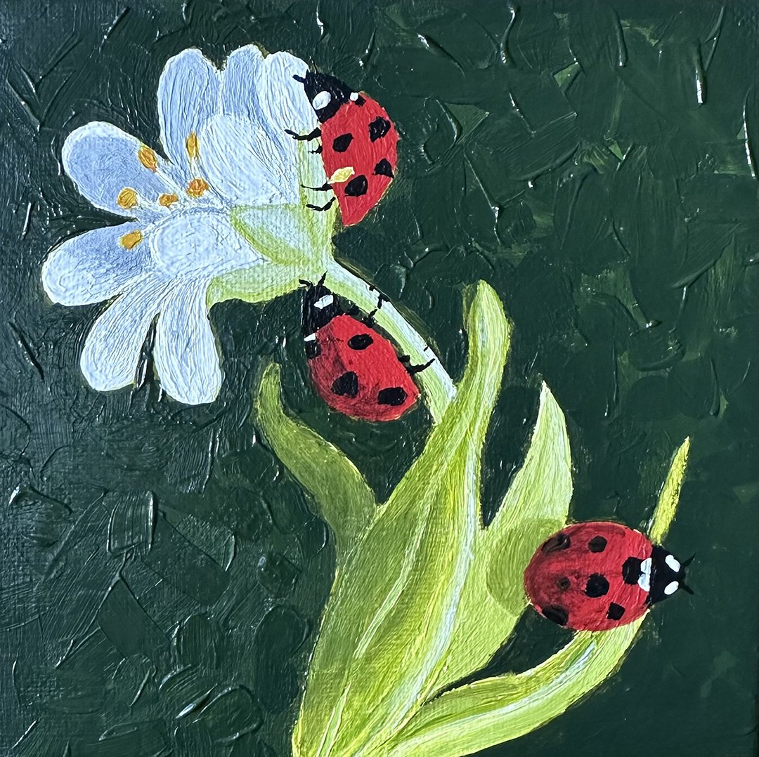 The Ladybugs Staircase: Original Acrylic Painting 6 × 6 inches