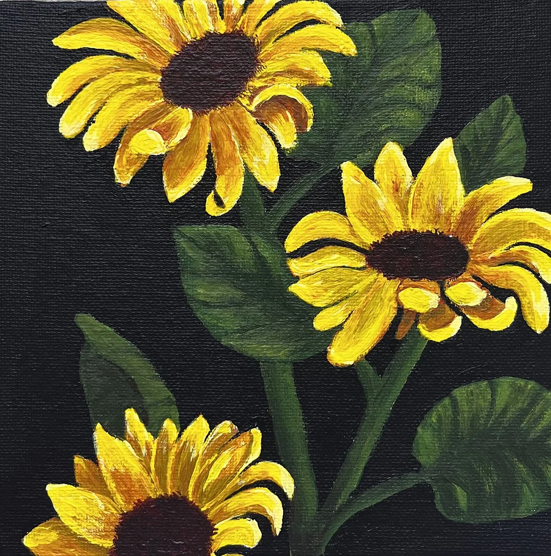 A 6x6 inches original canvas painting of three bright yellow sunflowers grouped tightly together. The large golden petals and dark brown centers stand out against a solid black background.