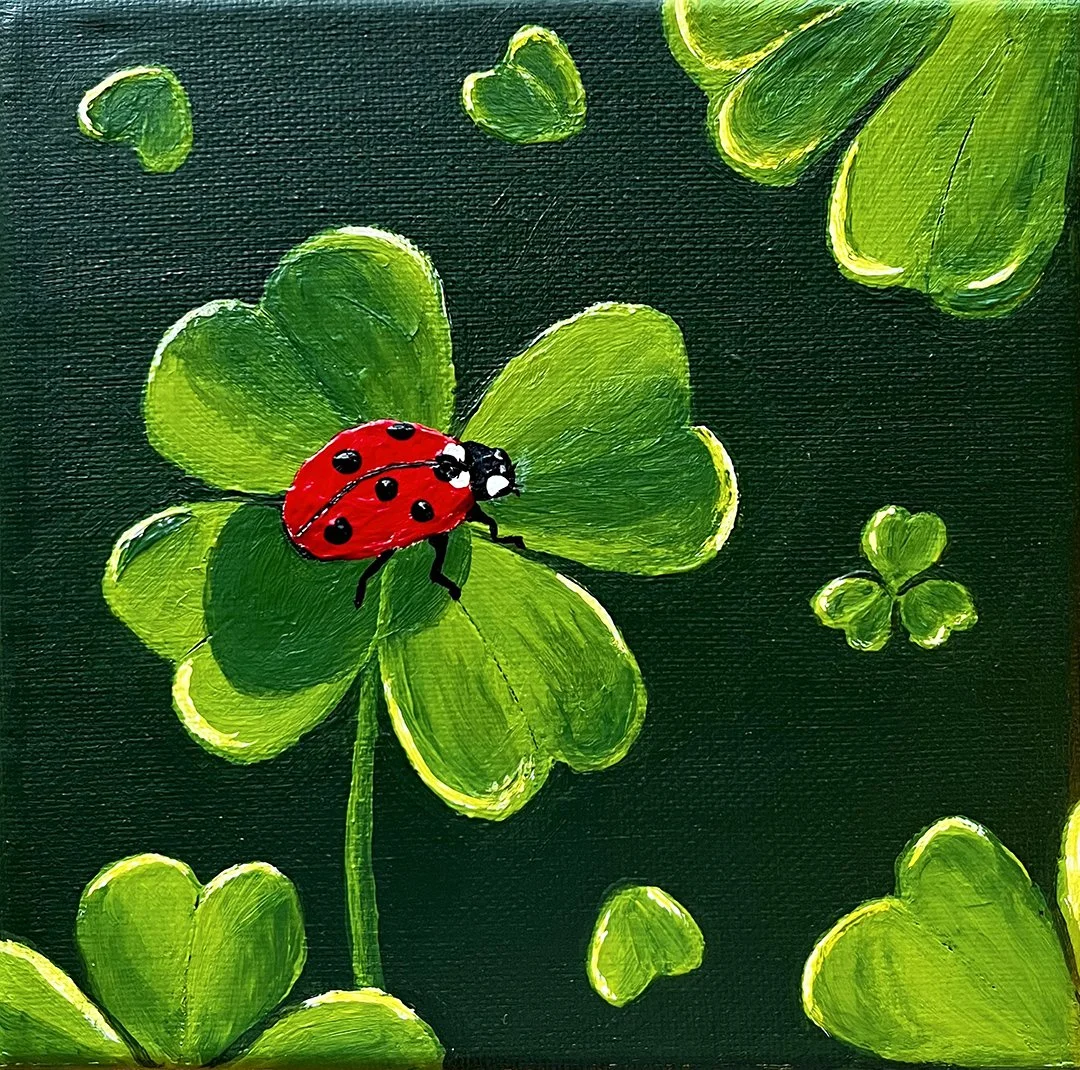 A 6x6 inches original canvas painting of a single red ladybug with black spots centered on a vibrant green four-leaf clover. The bright sunlit leaves stand out clearly against a soft, matching green backdrop.