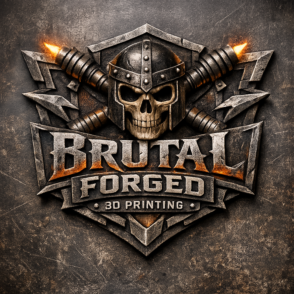 A metallic emblem featuring a skull wearing a Viking helmet with two crossed swords behind it, above the text 'Bruta Forged 3D Printing' on a dark, textured background.