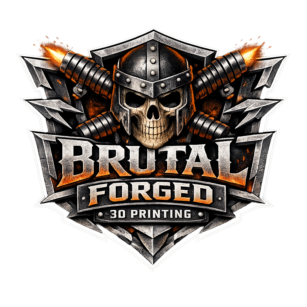 A logo with a skull wearing a medieval helmet, crossed by two flames, with metallic text reading 'Brutal Forged 3D Printing'.