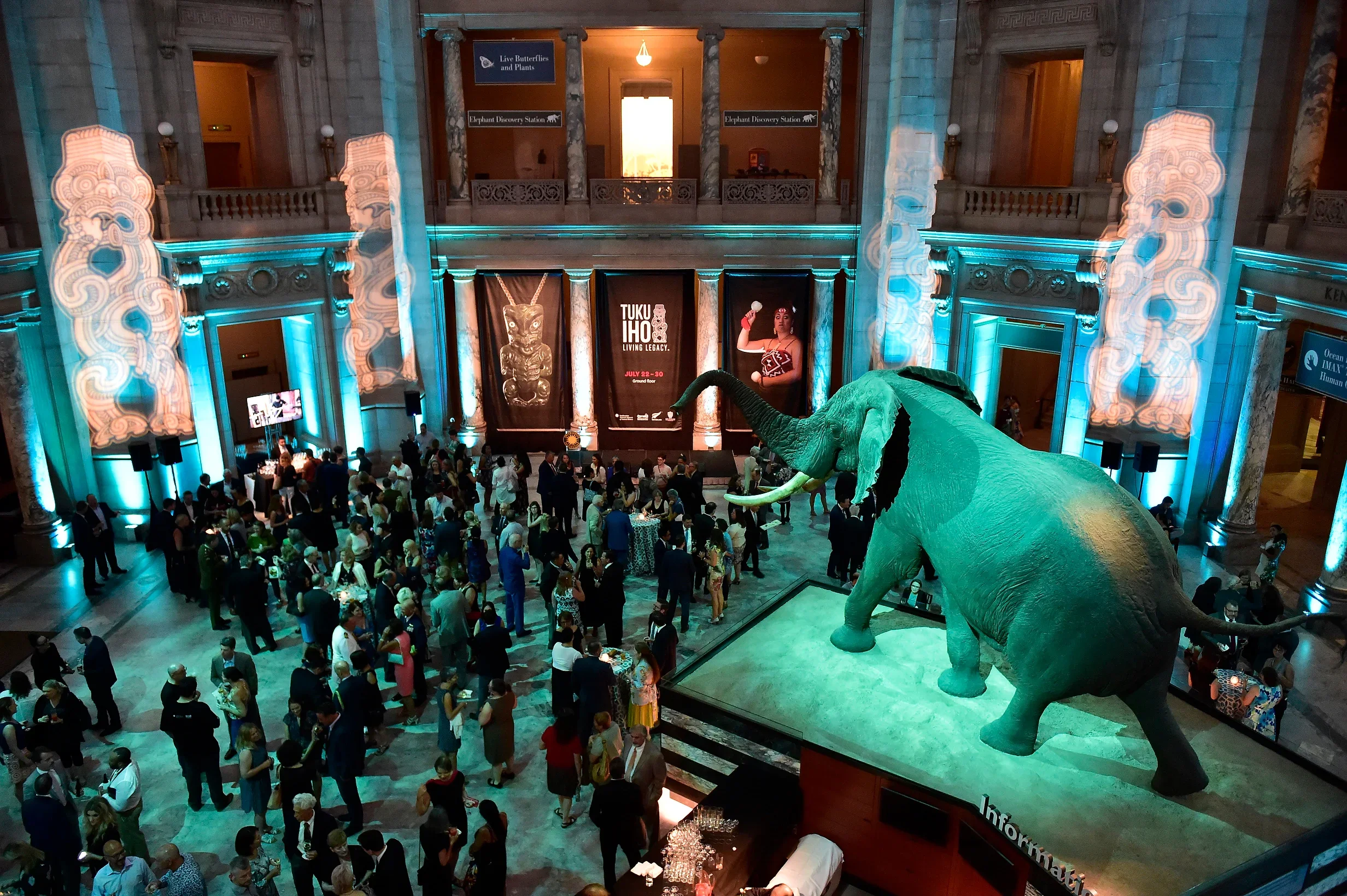 A large indoor event with many people gathered in a spacious hall featuring classical architecture with columns. A large green elephant sculpture is prominently displayed, with a banner advertising an exhibit called TUKI IHO on the ground floor. The hall is lit with vibrant blue and warm lighting, and there are sculptures, banners, and signs, including one that reads 'Live Butterflies and Plants' and another 'Elephant Discovery Station'.