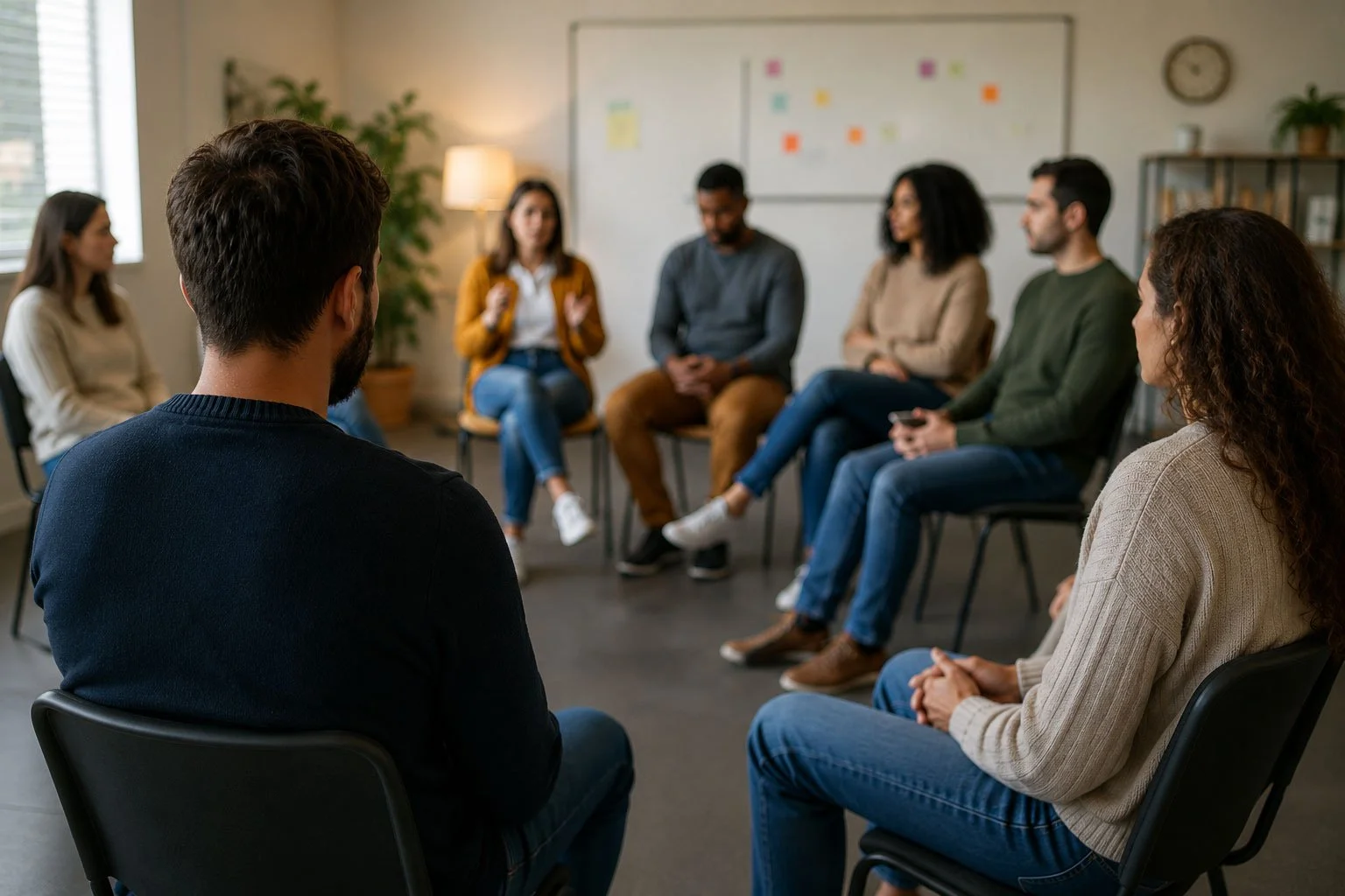 Group therapy session with seven diverse people sitting in a circle in a room with white walls, a window, and a whiteboard.