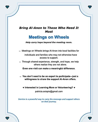 Flyer titled 'Meetings on Wheels' encouraging support for Al-Anon, with heart designs in each corner and contact email at the bottom.