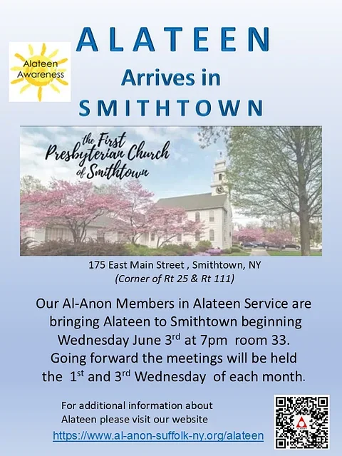 A flyer announcing Alateen meetings arriving in Smithtown, NY, with an image of a church, trees, and pink cherry blossoms. Contains location, date, and contact information.