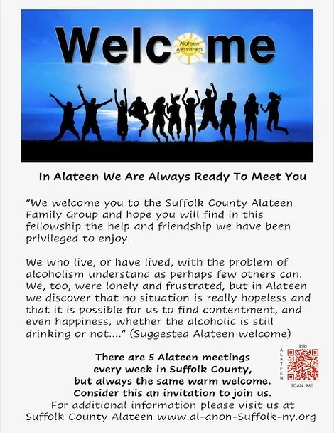 Silhouette of diverse people jumping and raising their arms on a blue sky background with a large Welcome sign and an Alateen Awareness logo.