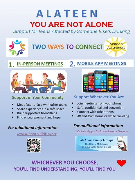 Alateen support flyer with information on two ways to connect, in-person meetings and mobile app meetings, for teens affected by someone else's drinking.