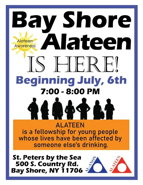 Bay Shore Alateen meeting announcement with a yellow sun graphic, silhouettes of young people, and details about the meeting date, time, location, and purpose.