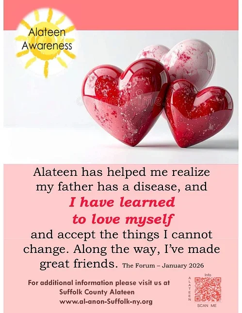 Pink and white hearts with Alateen awareness message and information about Suffolk County Alateen.