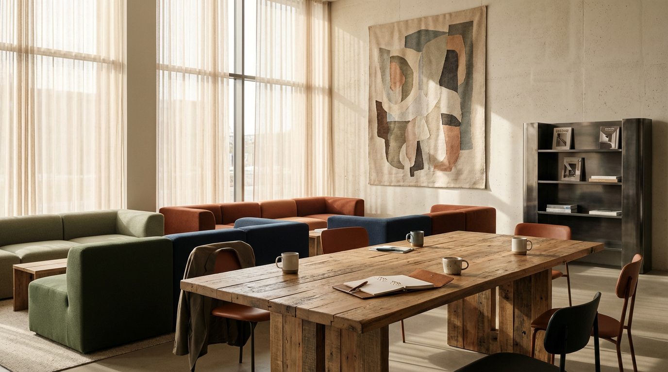 A cozy living room or lounge area with large glass windows covered by light curtains, a colorful abstract wall art, a wooden table with five coffee mugs, a notebook, and a pen, and a variety of chairs and sofas in earthy tones.