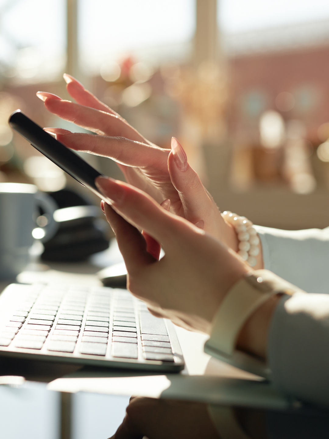 A person's hands holding a smartphone in front of a laptop, in a brightly lit indoor setting.