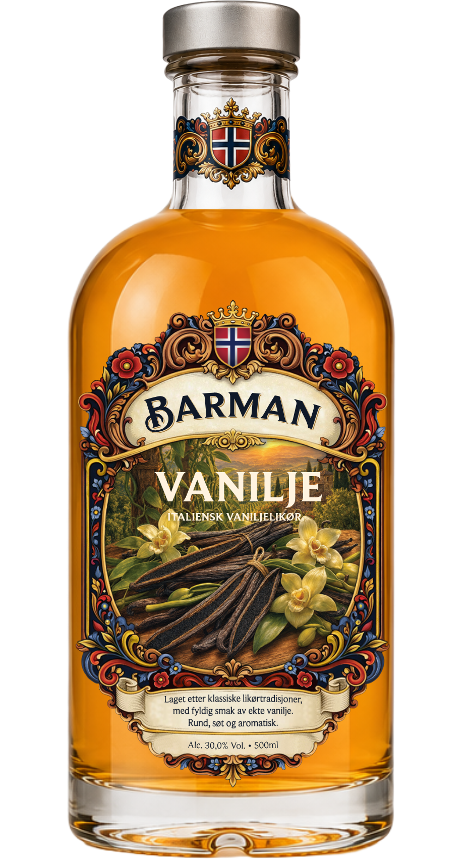 Bottle of vanilla flavoring with a decorative label featuring vanilla beans and flowers, and a crest with a Norwegian flag.