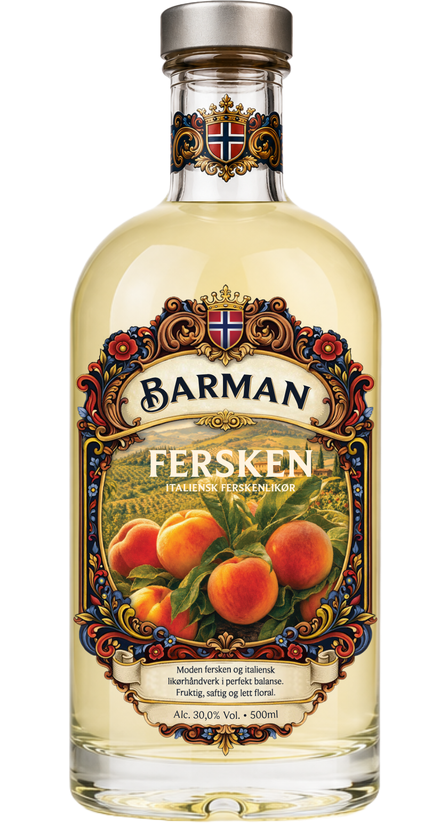 A 500ml bottle of Barman Fersken Italian peach liqueur with a decorative label featuring peaches and a scenic countryside, and a silver cap with a crest.