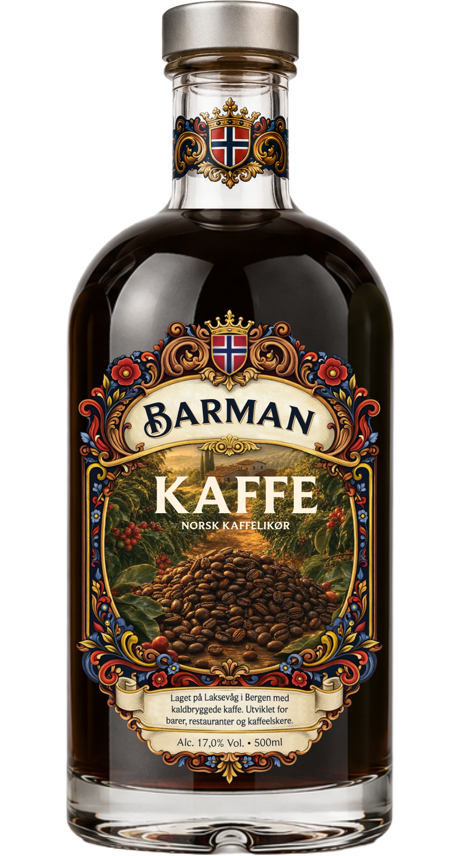 Bottle of Barman Kaffe, Norwegian coffee liqueur with 17% alcohol, 500ml, featuring decorative label with a coffee field scene, coffee beans, and Norway's flag.