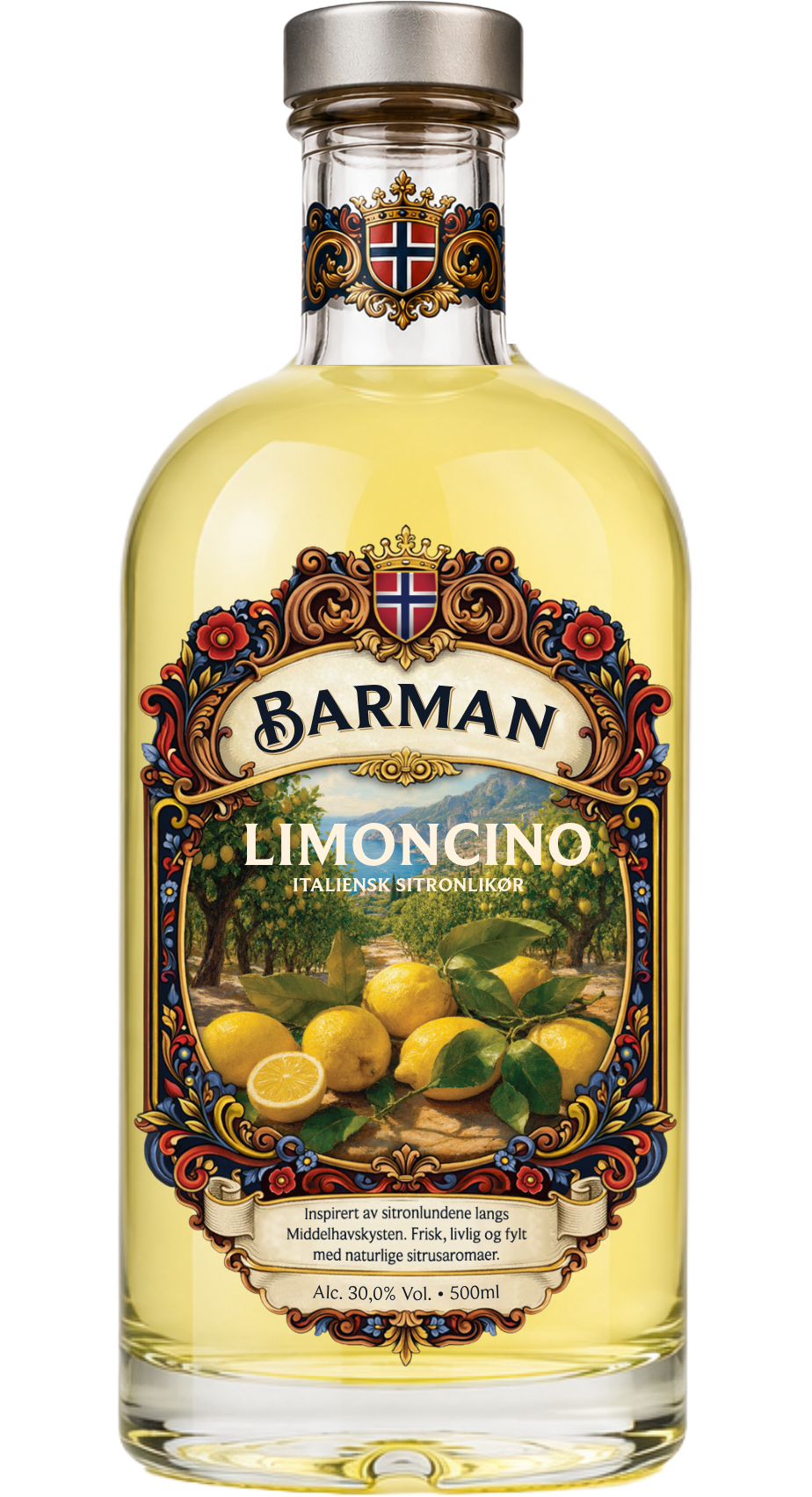 Bottle of Barman Limoncino Italian lemon liqueur with a label showing lemons and a scenic landscape.
