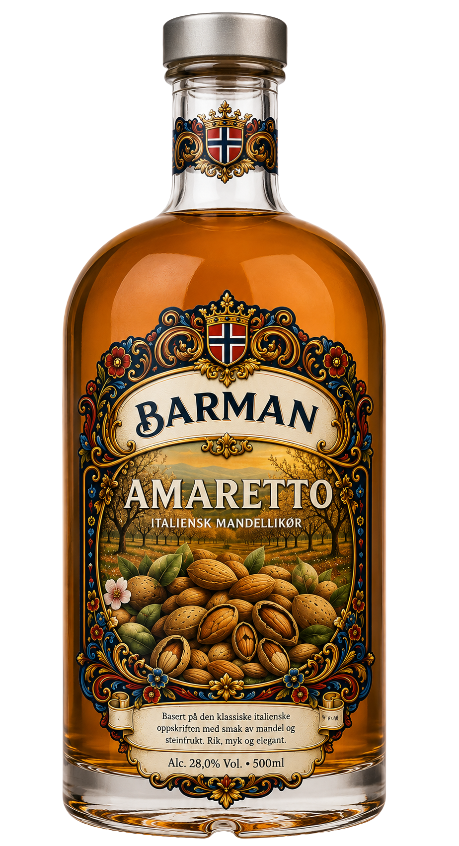 A bottle of Barman Amaretto Italian almond liqueur with a detailed label featuring almonds, a scenic landscape, and ornate gold and flower designs.