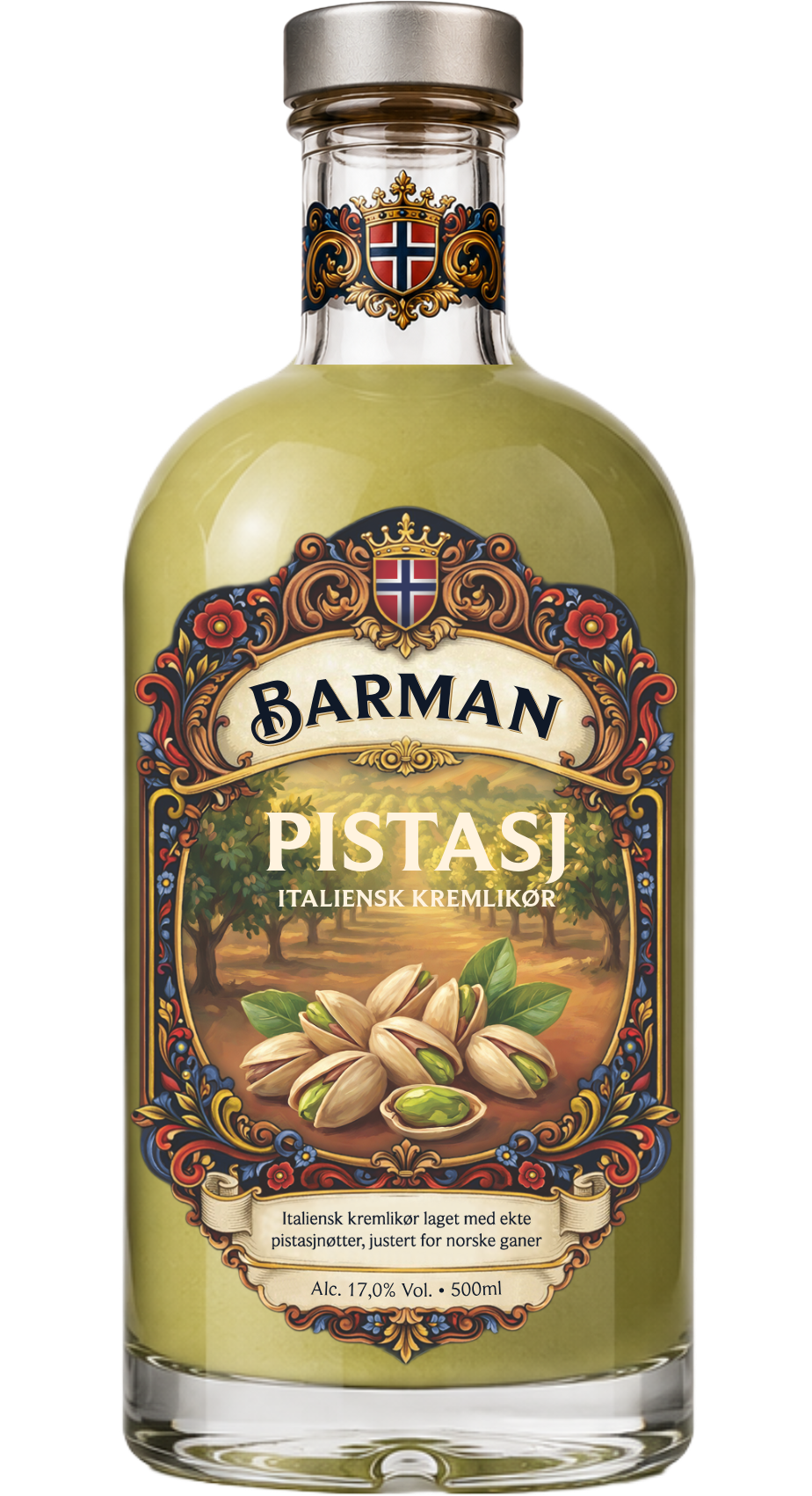 A bottle of Barman Pistachio Italian cream liqueur with a green label featuring pistachios, trees, and ornate design elements.