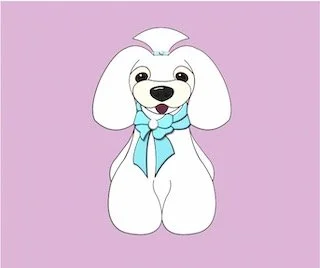 A cute cartoon white dog with long floppy ears, a big smile, and a blue bow around its neck, set against a purple background.