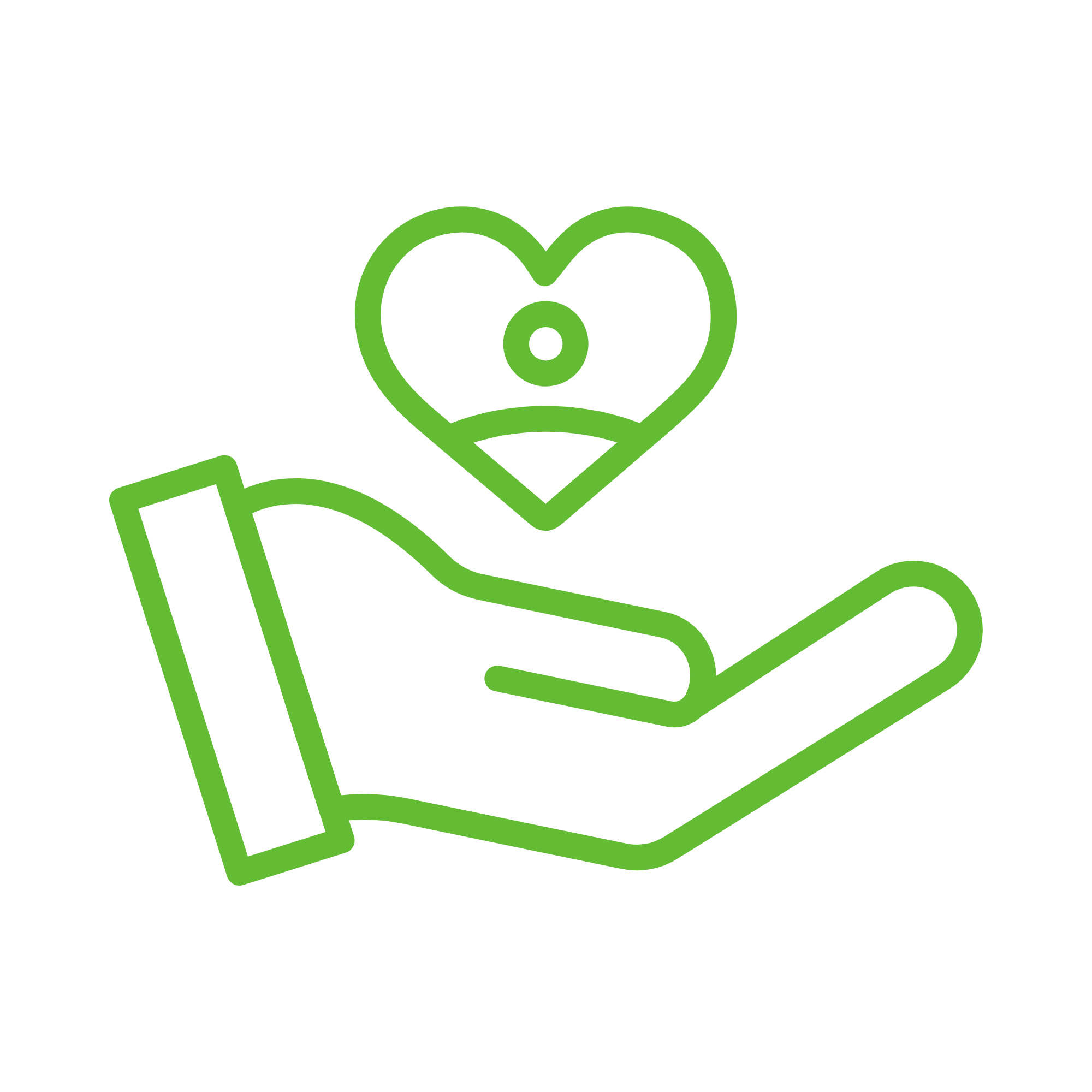 Green outline of a house with a heart shape in the center, resembling a leaf, symbolizing eco-friendly or green living.