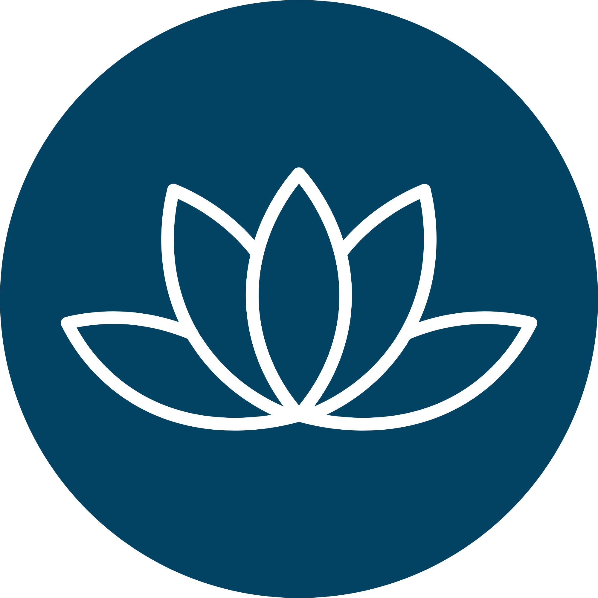 A graphic logo with a dark blue rounded background featuring a white stylized lotus flower in the center.