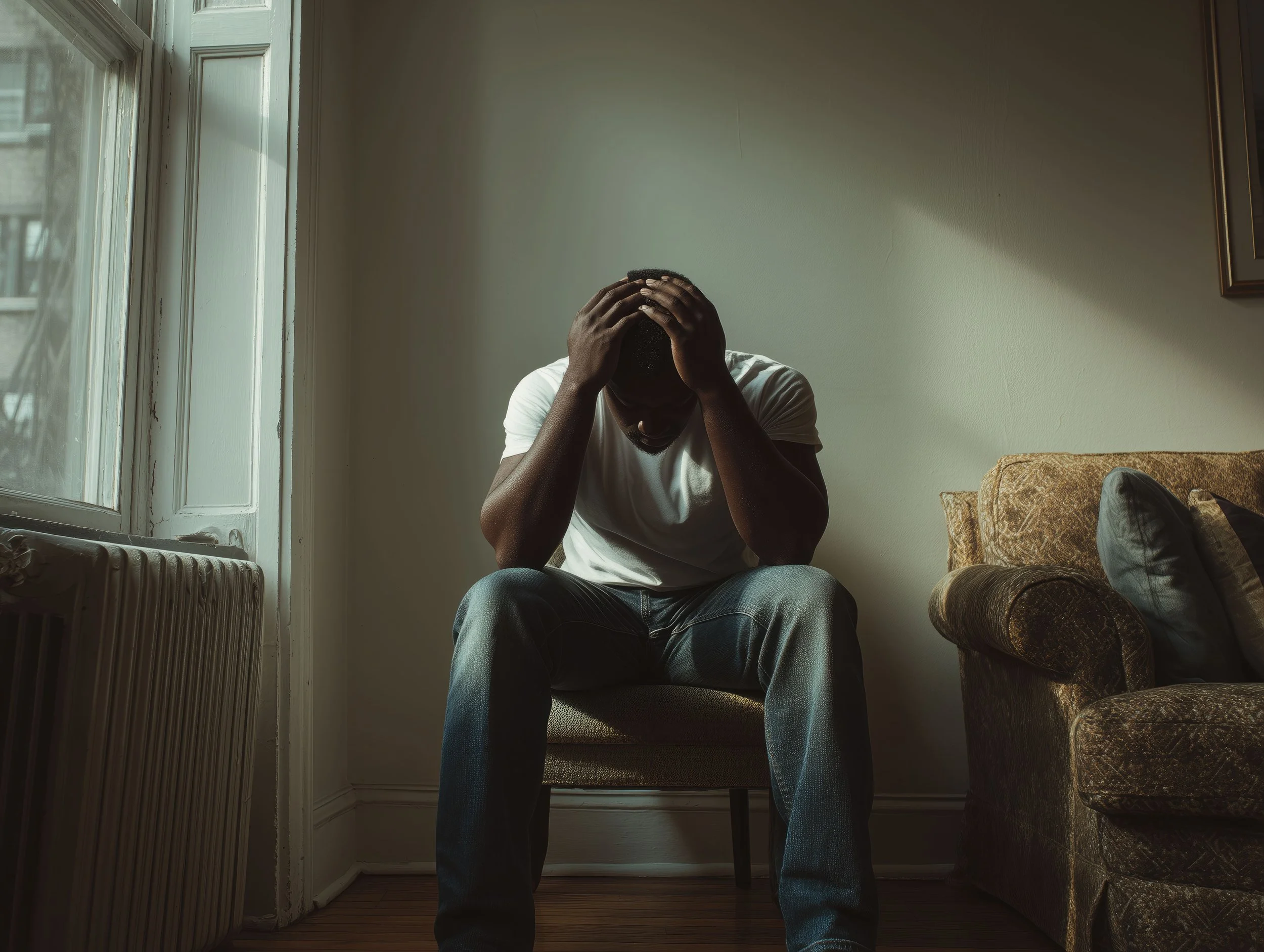 A person sitting on a chair with their hands on their head. The room has natural light coming from a window to the left, with a plain wall and a framed picture on the right. The person's face is not visible.