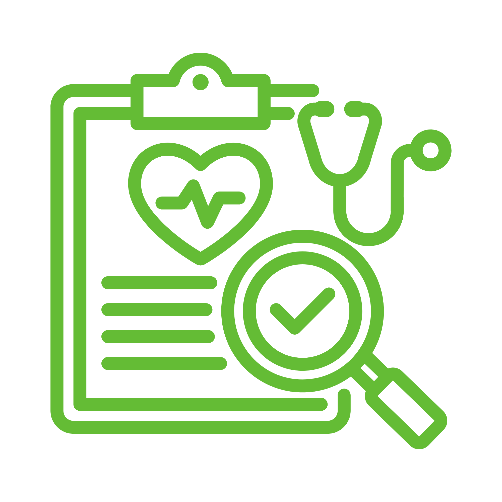 Outline of a camera, heart with a heartbeat line, pill, red wine glass, and a checkmark inside a circle, all in green outline style.