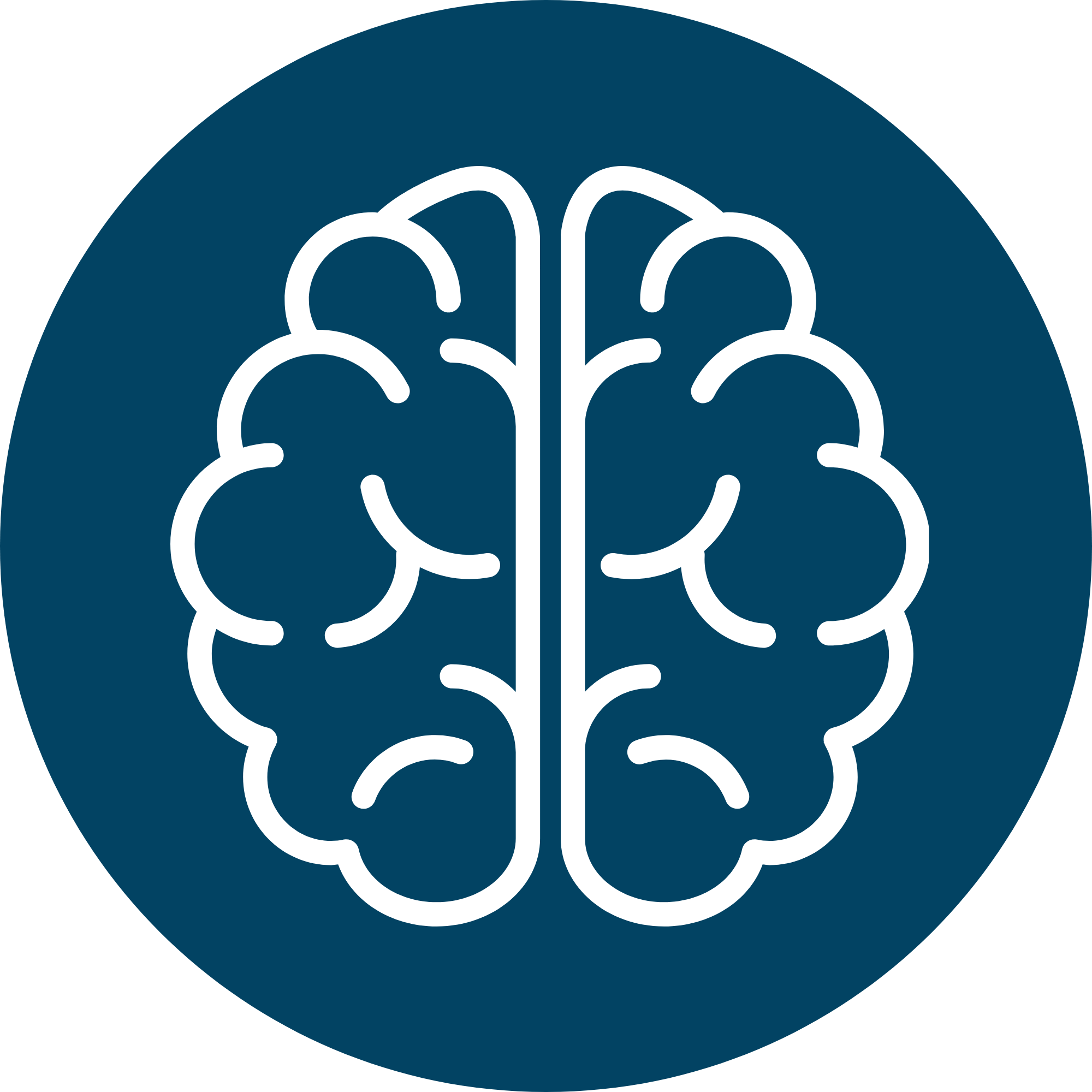A stylized graphic of a brain in white lines on a dark blue circular background.