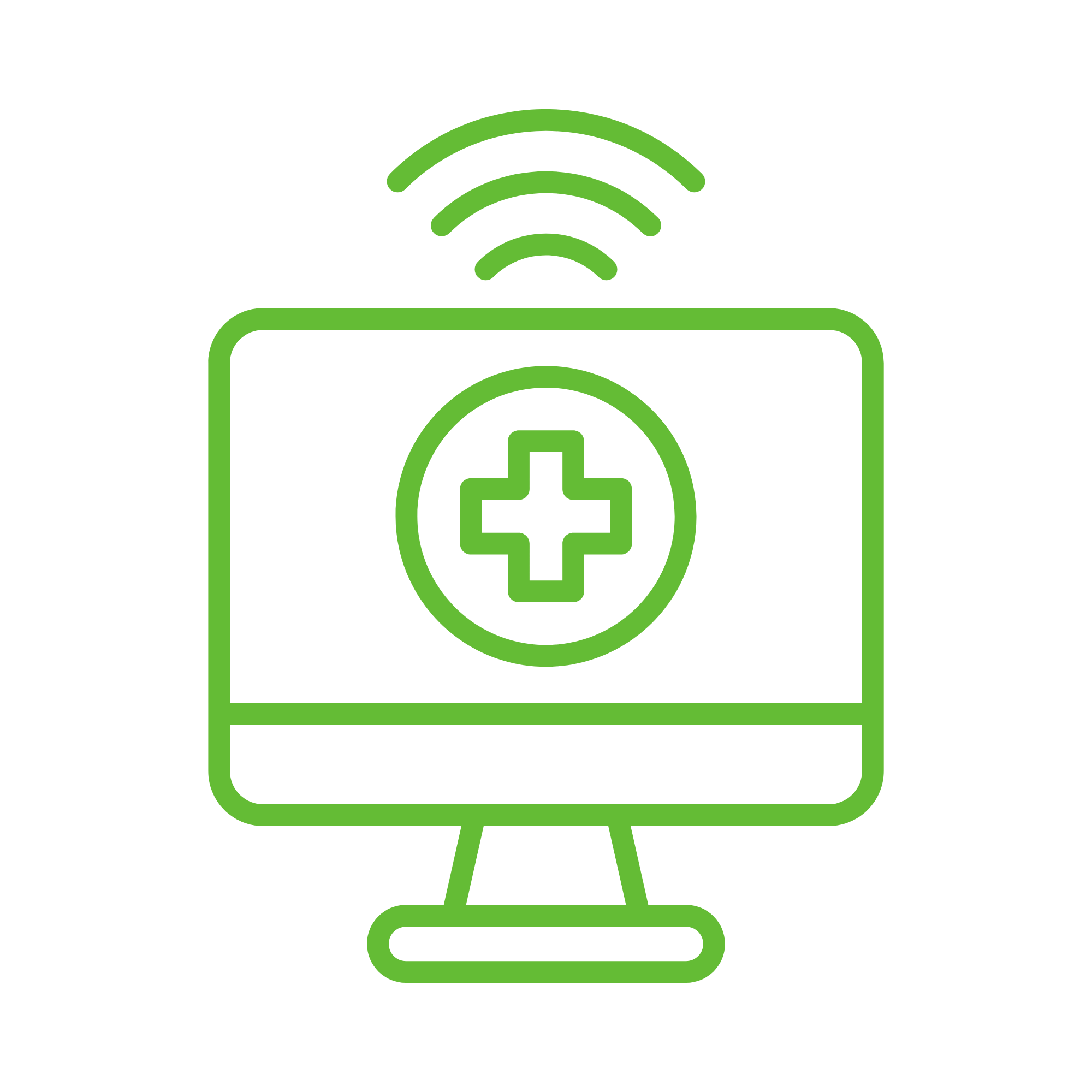 Green line drawing of a medical kit with a cross symbol and a medical cross inside a circle, connected to a Wi-Fi signal icon.