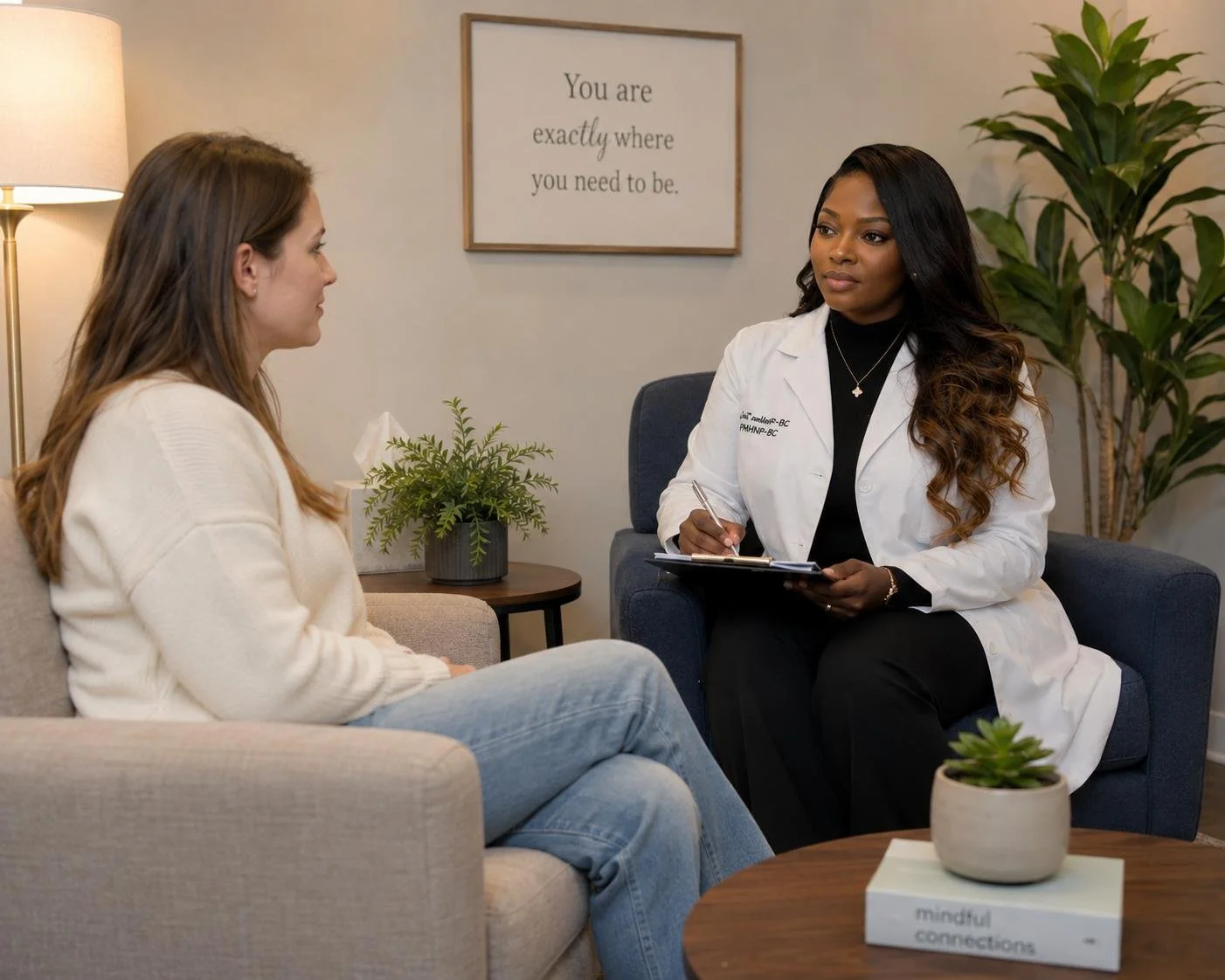 A woman in a white sweater sitting on a beige armchair, speaking with a healthcare professional holding a notepad, who is seated on a blue armchair. There are plants, a framed motivational quote on the wall, and a wooden table with a potted plant and a book titled 'mindful connection' in the room.