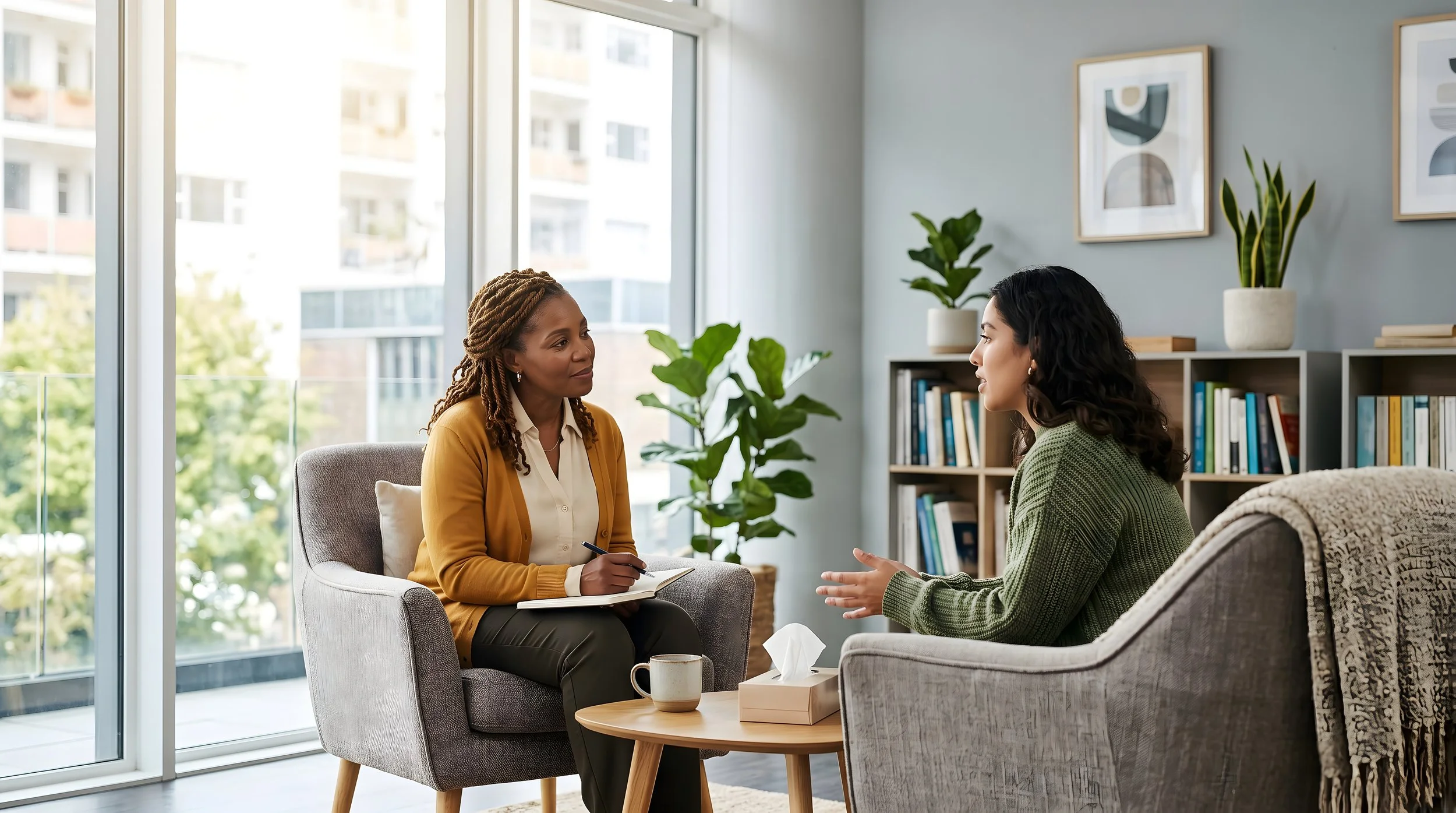 Two women are having a conversation in a modern living room. One woman is seated in an armchair with a notepad, and the other woman is sitting on a sofa gesturing with her hands. The room is filled with natural light from large windows, with shelves of books and decorative plants in the background.