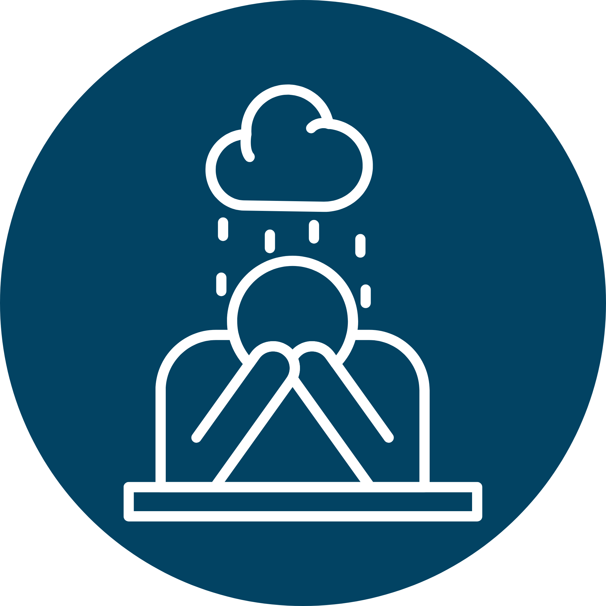 Icon of a cloud with rain above a laptop, indicating cloud computing or online data storage.