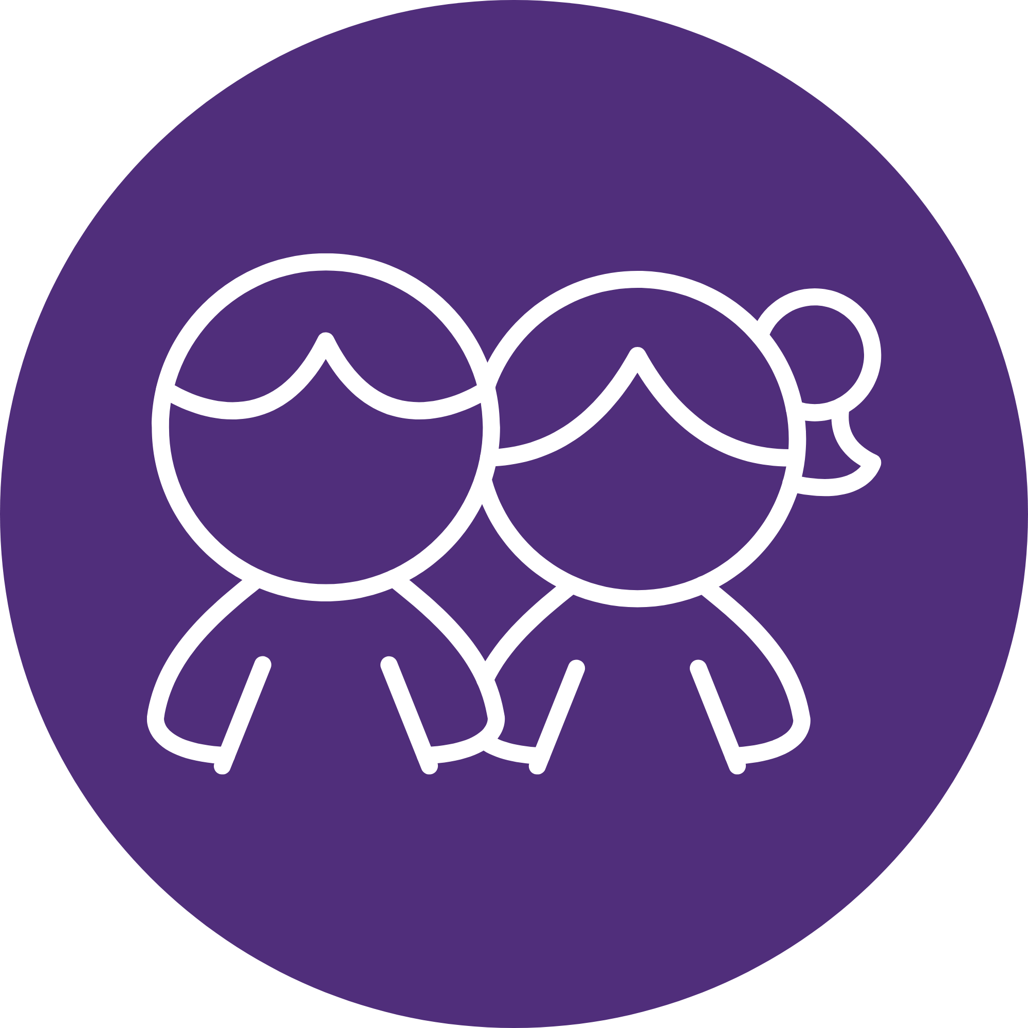 Purple circular graphic with white outlined illustrations of a person wearing goggles and a woman with curly hair.