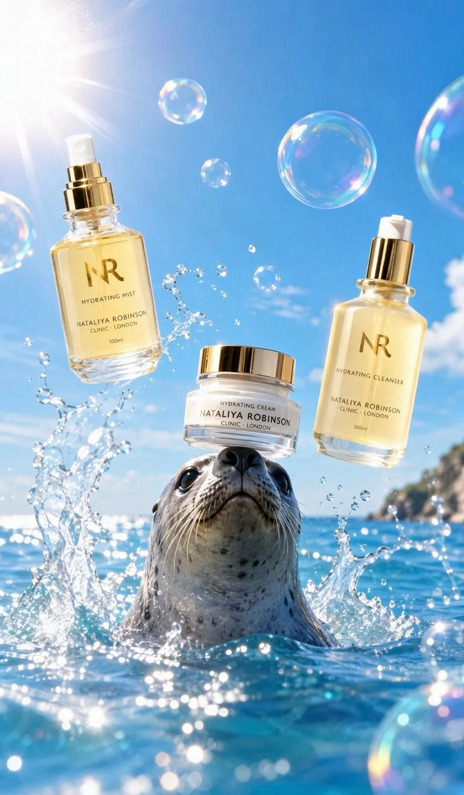 Sea otter swimming in the ocean with skincare products floating above, including hydrating mist, hydrating cleanser, and hydrating cream with gold accents and labels from Natalya Robinson Clinic, London.