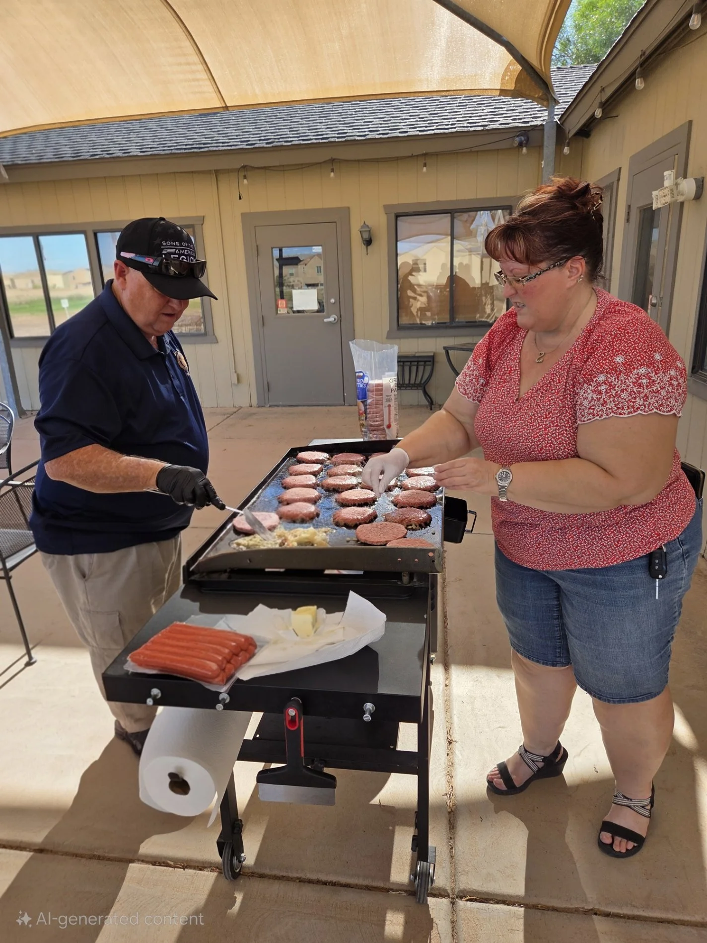 Two people cooking burgers on a large outdoor grill. The man is wearing a black cap, sunglasses, a navy polo shirt, and khaki pants, while the woman is wearing glasses, a red patterned shirt, and denim shorts. There are hot dogs and butter on the tab