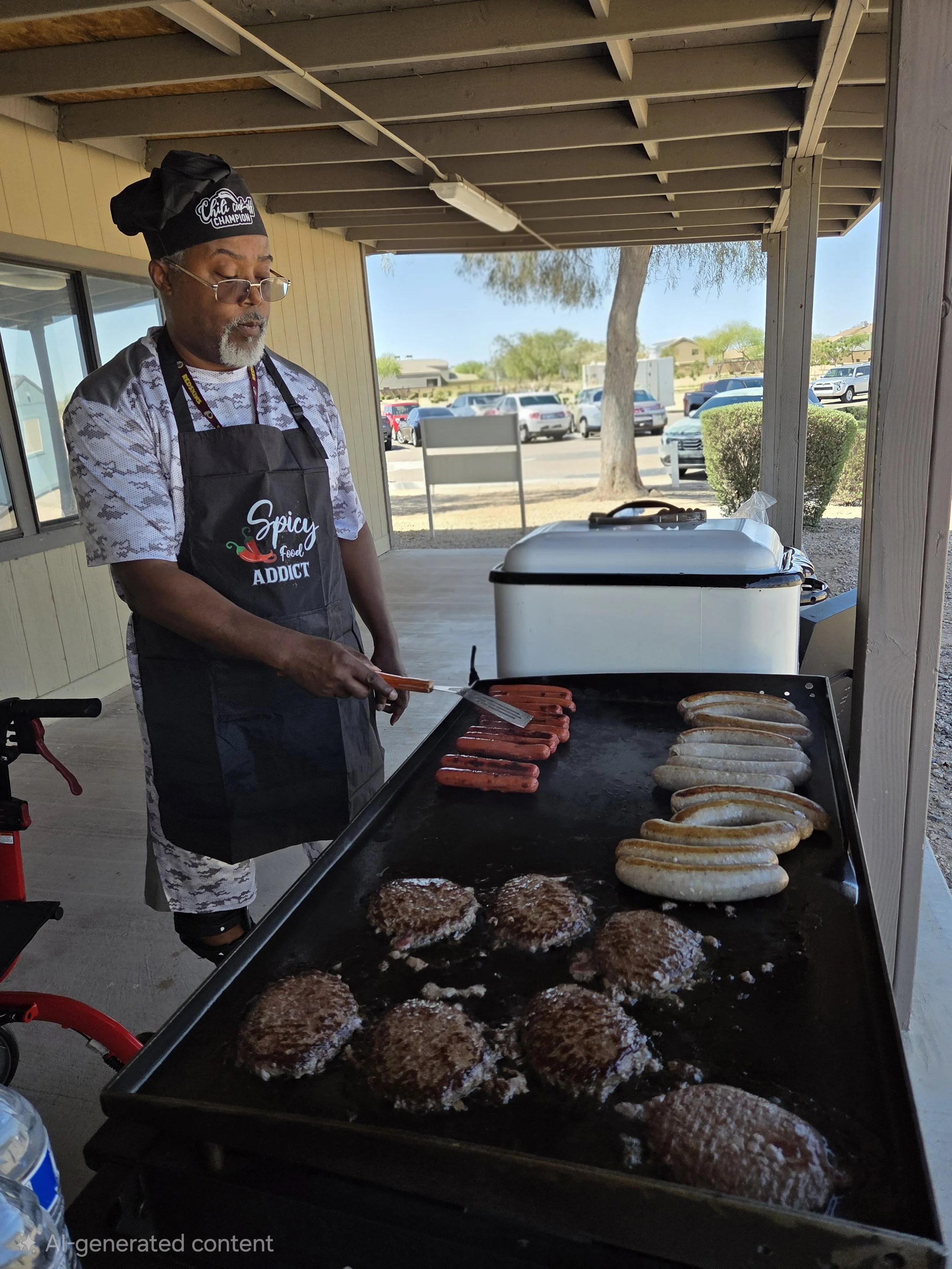 A man grilling hot dogs and sausage links on an outdoor grill. He is wearing a black apron and a black chef hat, with a parking lot and trees visible in the background.