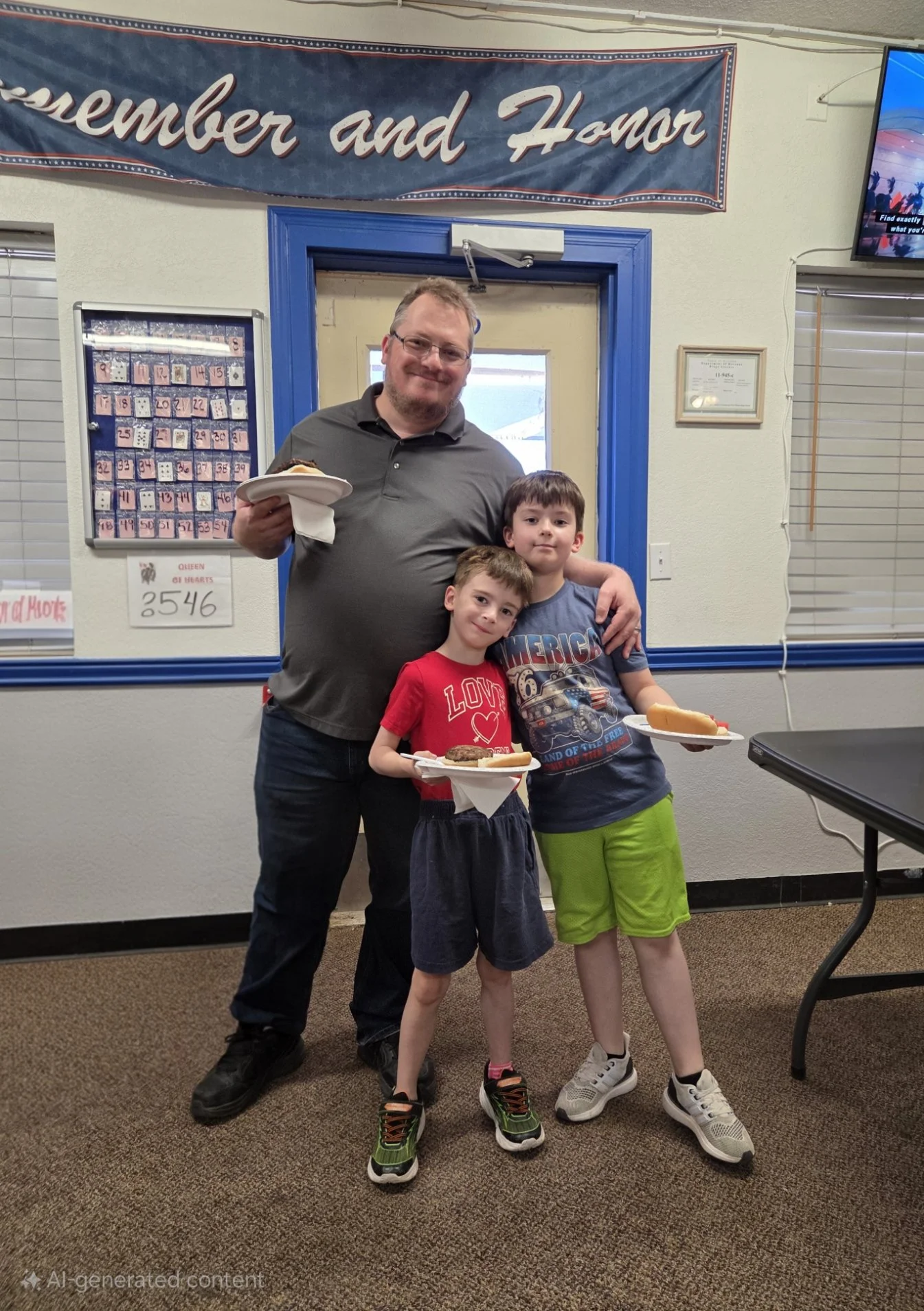 A man and two young boys stand together in a room decorated with an 'Remember and Honor' banner. The man is smiling, holding a plate with food, and has his arm around one boy. The younger boy has a red shirt with a heart and the word 'LOVE,' while th