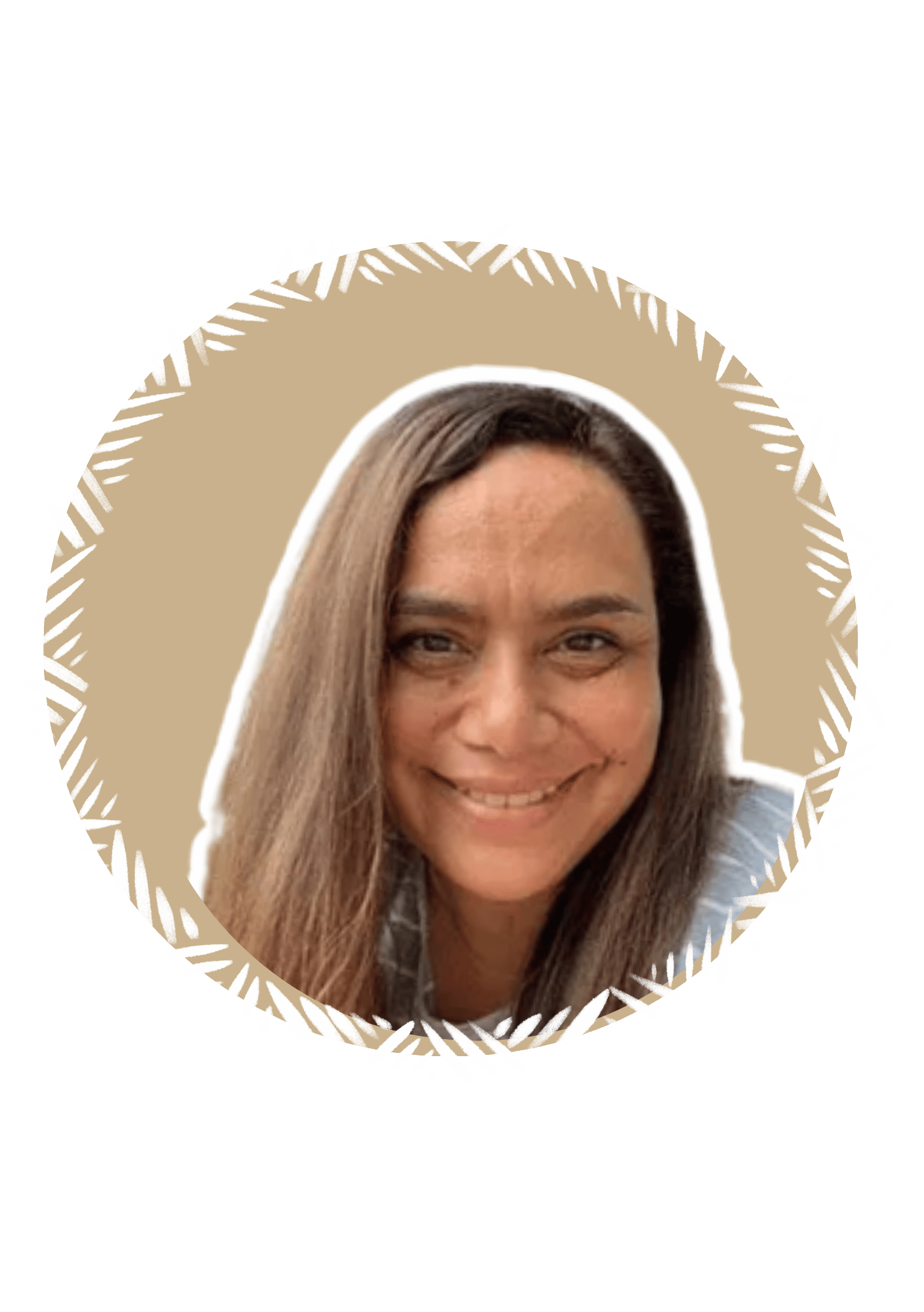 A smiling woman with long brown hair and dark eyes, framed by a white outline and surrounded by a decorative beige and white leaf pattern on a black background.