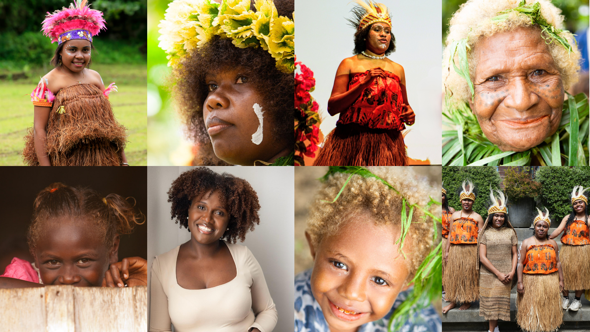 Collage of six women and girls of African descent, dressed in traditional and modern clothing, showcasing diverse hairstyles, some with face paint or jewelry, and participating in cultural activities or celebrations outdoors and indoors.