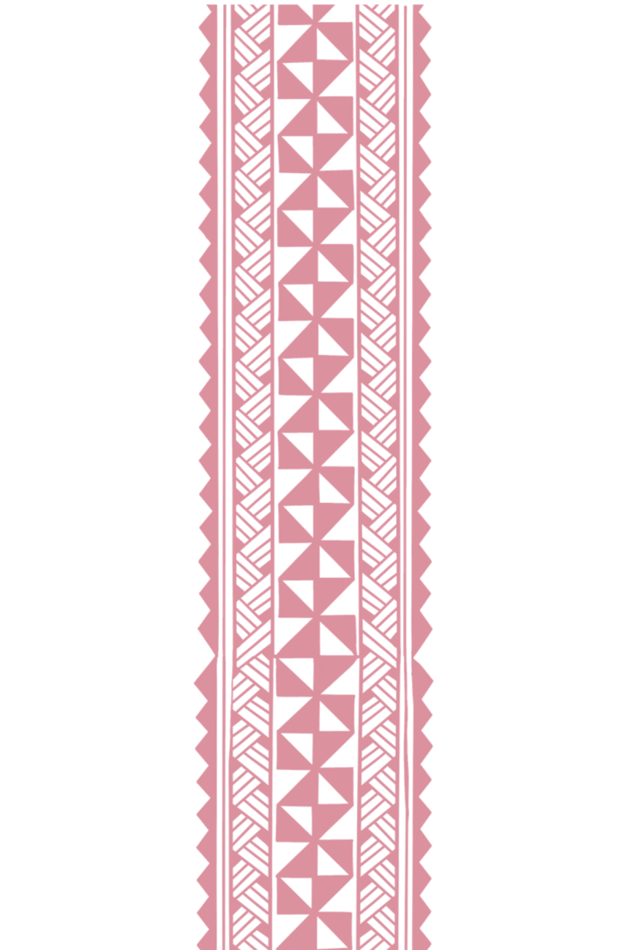 A vertical strip of pink geometric pattern lace with symmetrical shapes and diagonal lines on a black background.