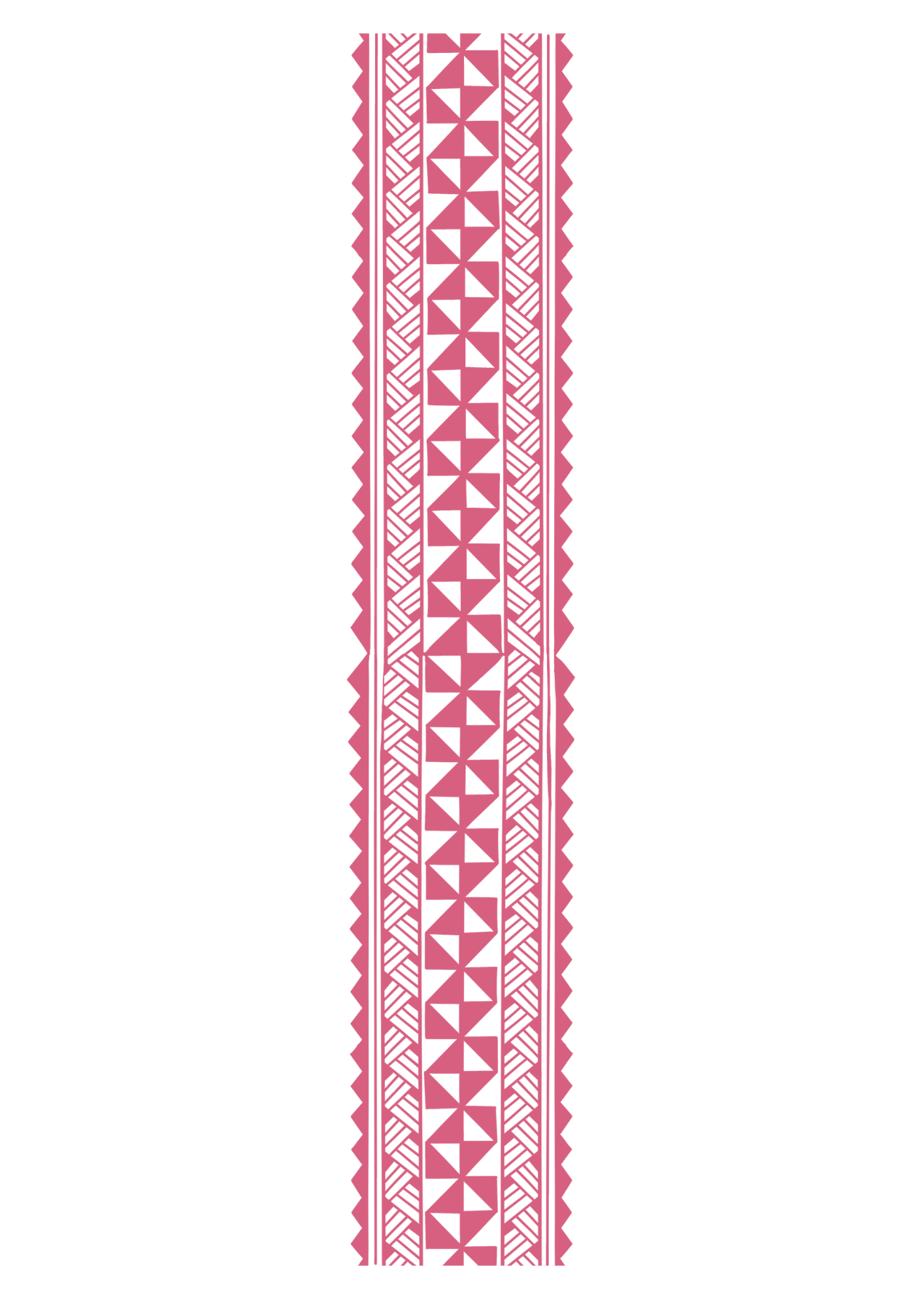 Vertical strip of traditional tribal textile with geometric black and pink patterns on black background