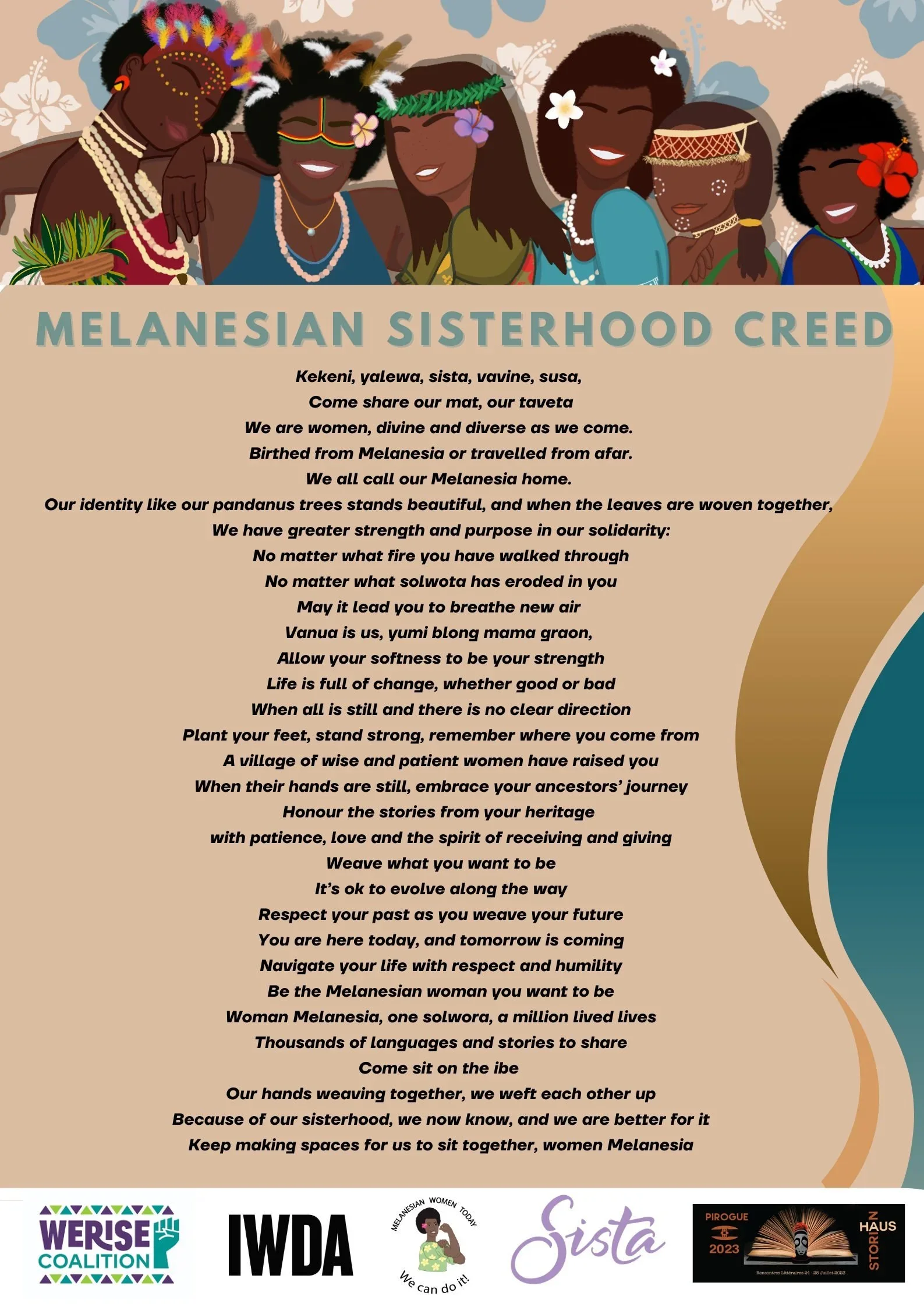Illustrated Melanesian Sisterhood Creed poster featuring six diverse Melanesian women in traditional adornments above a solidarity poem
