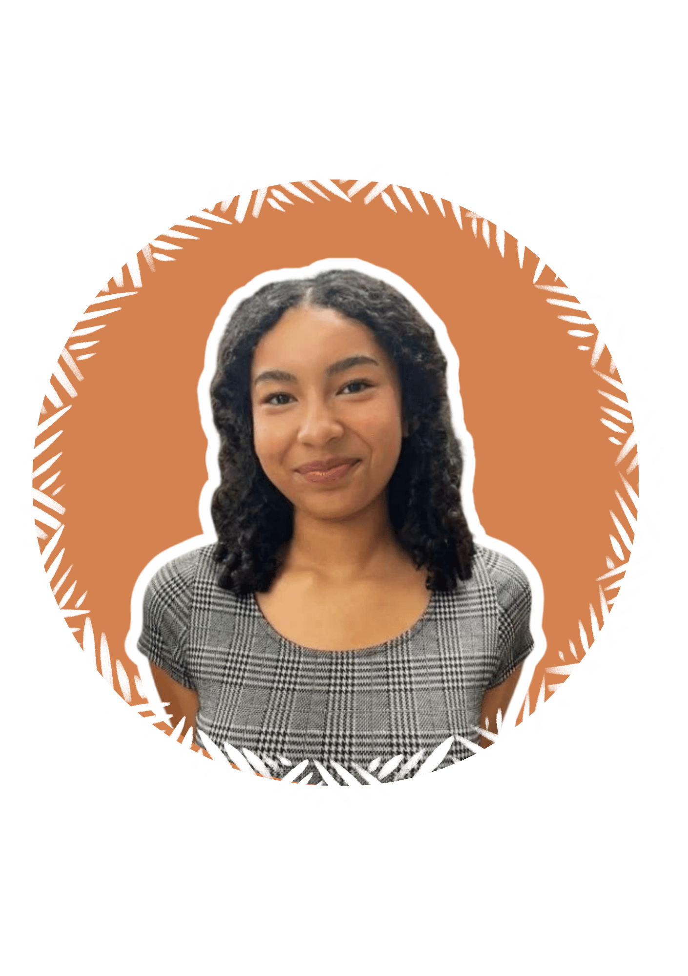 Smiling woman with curly dark hair, wearing a checked dress, against a background with an abstract orange shape and black backdrop, outlined with white sketch-like lines.