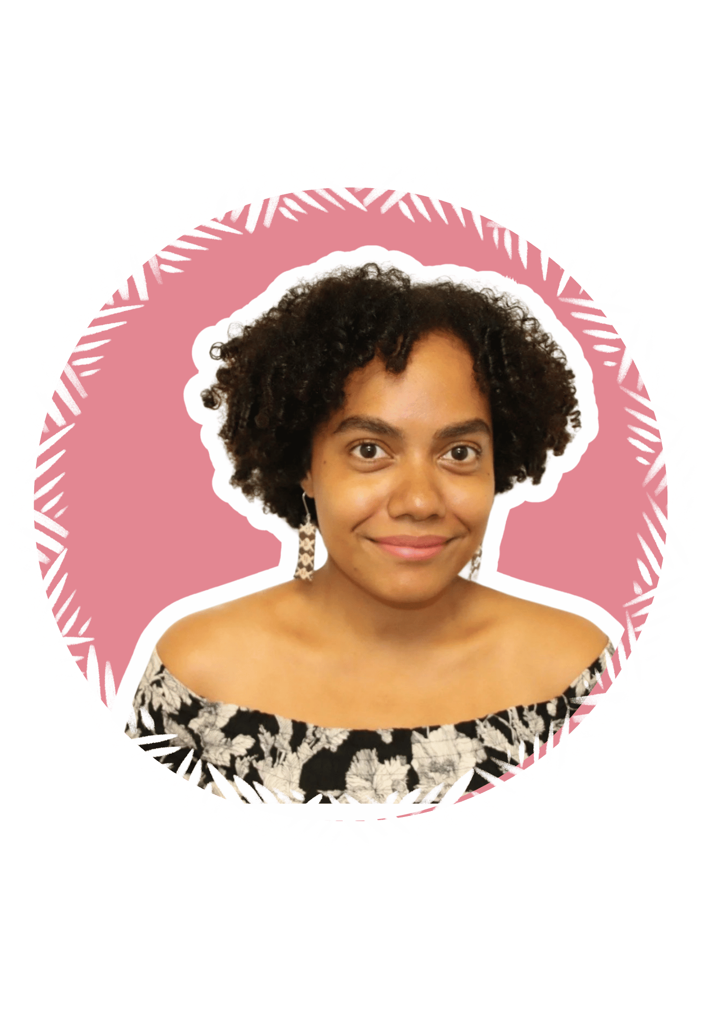 Portrait of a young woman with short curly hair, wearing earrings and a floral off-shoulder top, smiling against a pink and black background with decorative white border.