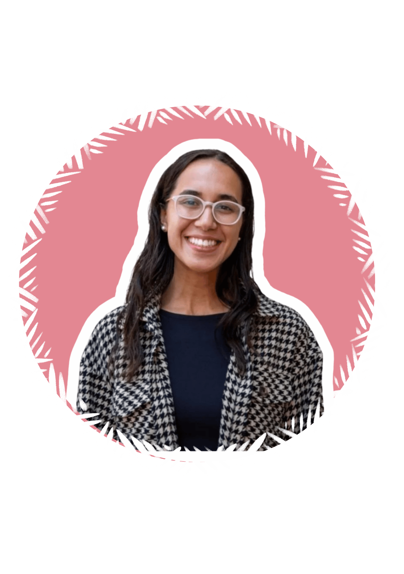 Smiling woman with glasses and long dark hair, wearing a patterned coat over a navy top, against a pink background with white doodle border