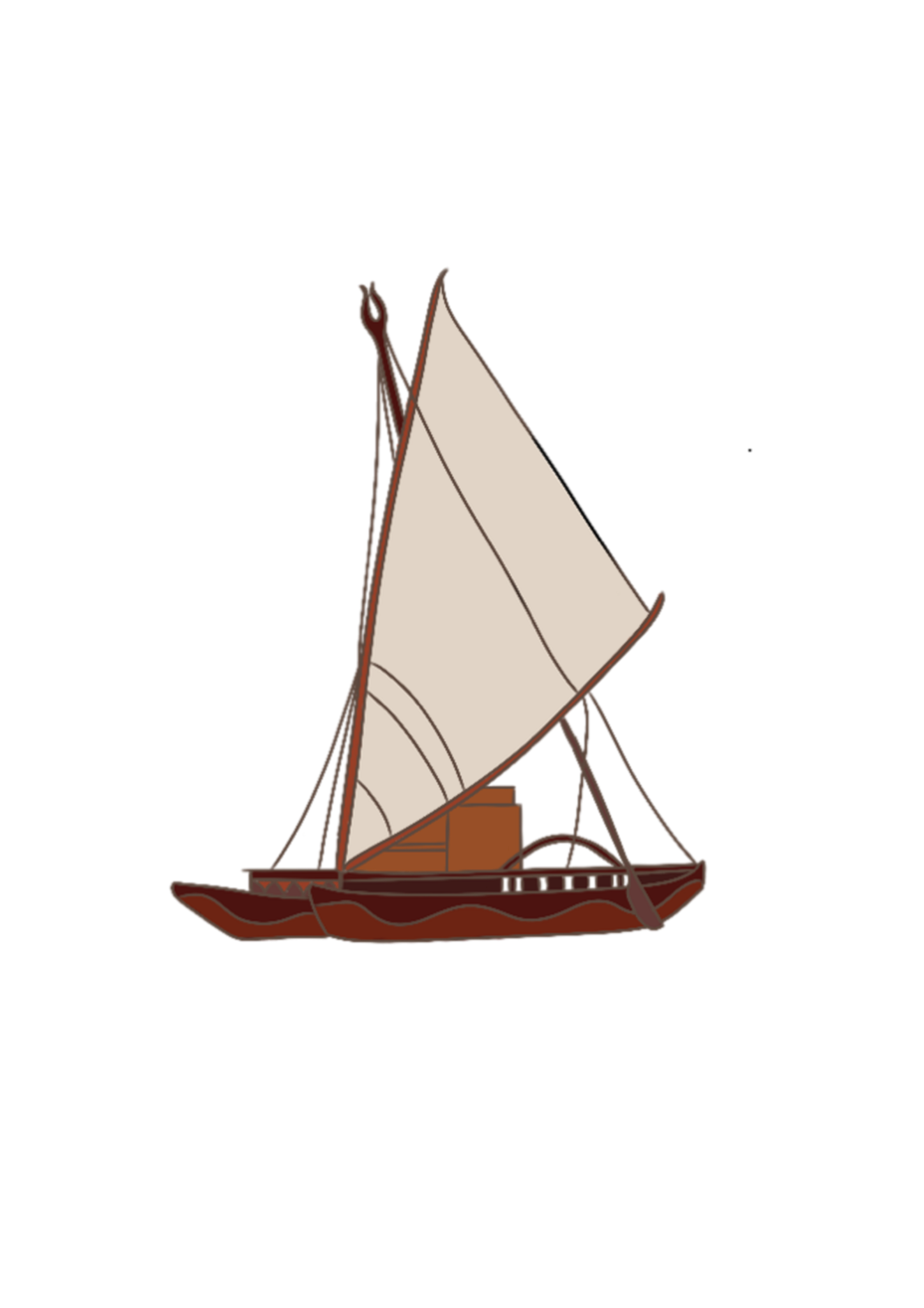 A traditional wooden sailboat with a large beige sail, a brown hull, and a smaller red sail, sailing on water.